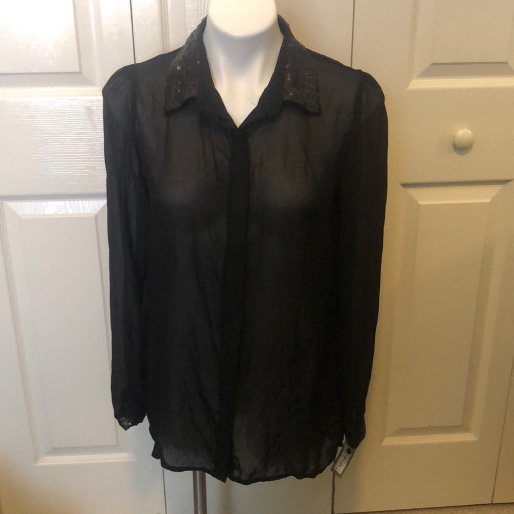 Apt 9 Black tie sheer blouse w/sequin collar/cuffs